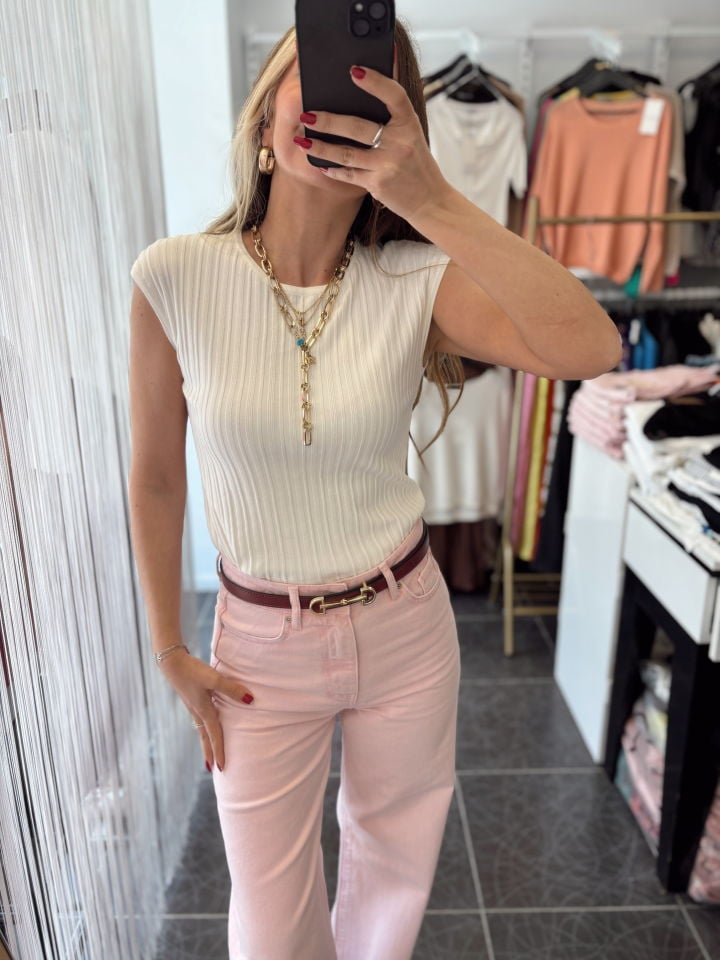 Bisiklet Yaka Fitilli İnce Triko Ekru