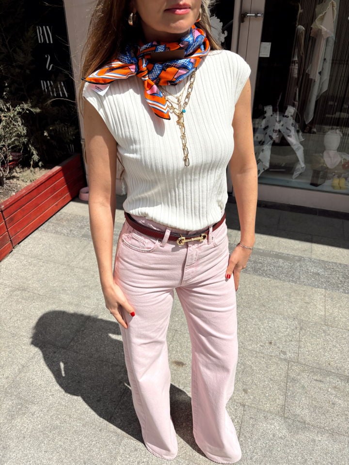 Bisiklet Yaka Fitilli İnce Triko Ekru