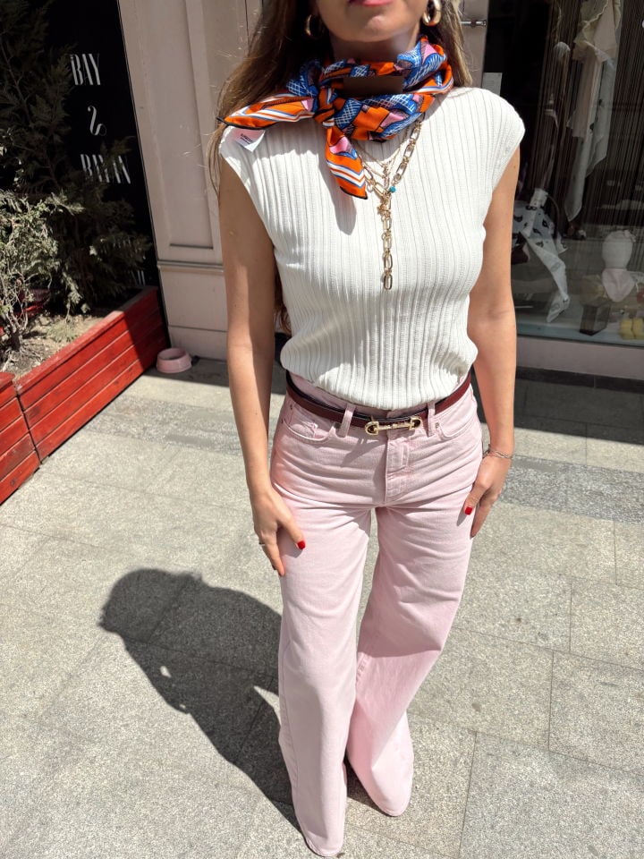 Bisiklet Yaka Fitilli İnce Triko Ekru