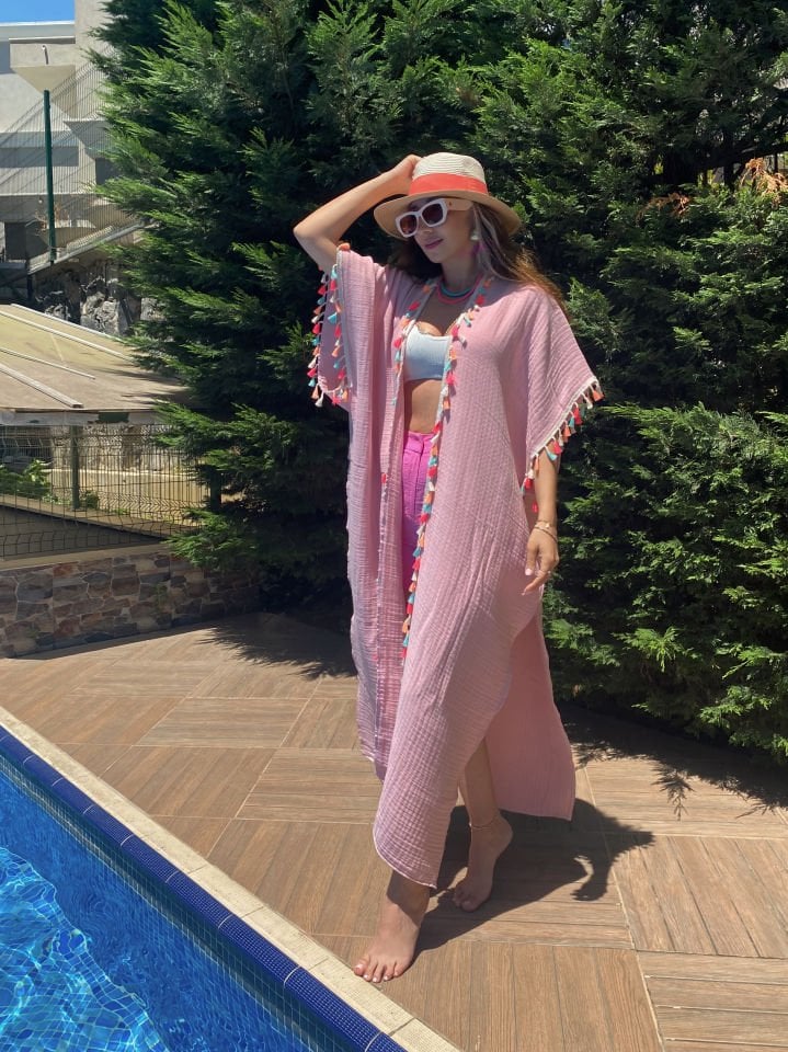 Müslin Maxi Kimono Pembe