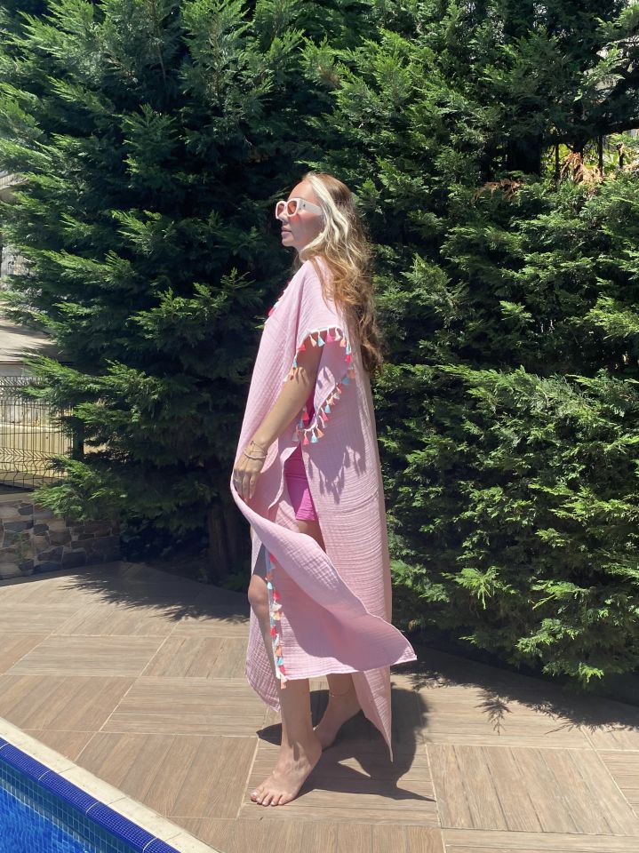 Müslin Maxi Kimono Pembe