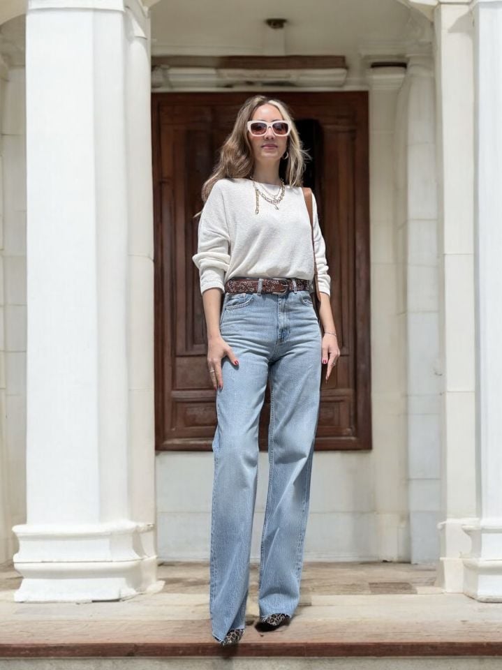 Yüksek Bel Wide Leg Açık Mavi Jean Pantolon