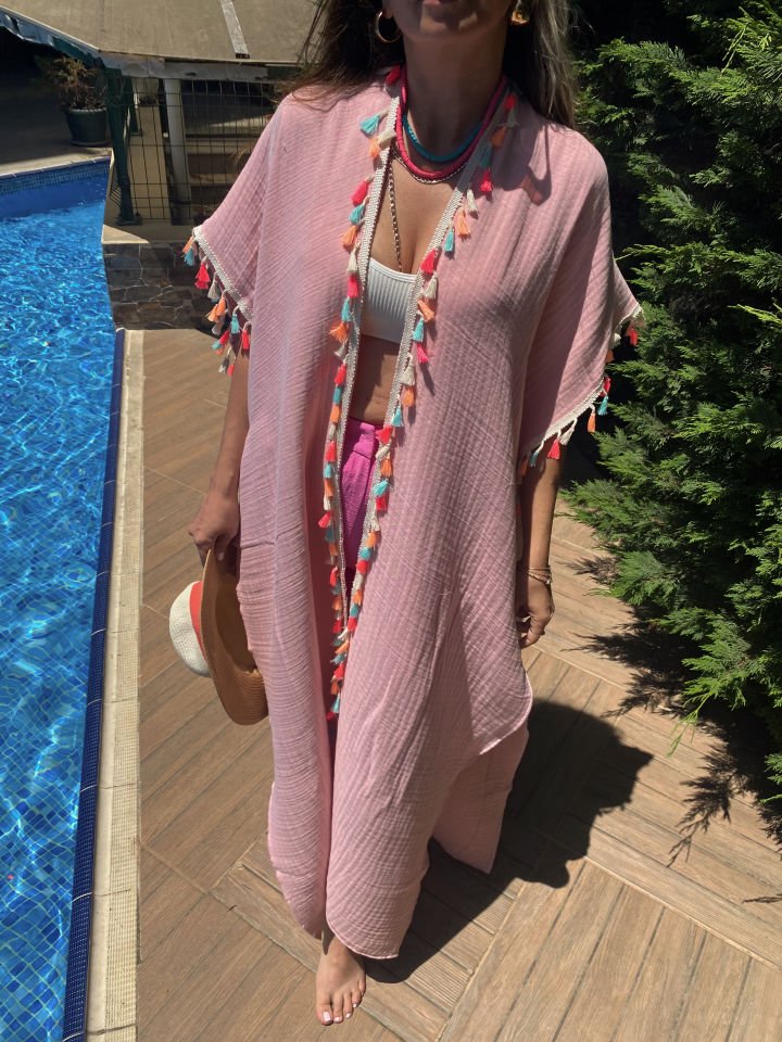 Müslin Maxi Kimono Pembe