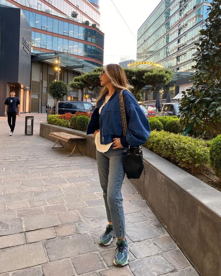 Kontrast Renkli Mavi Bomber Ceket