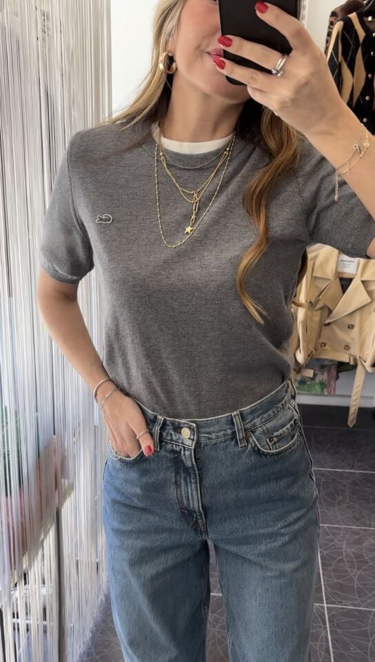 Logolu Kısa Kol Triko Gri