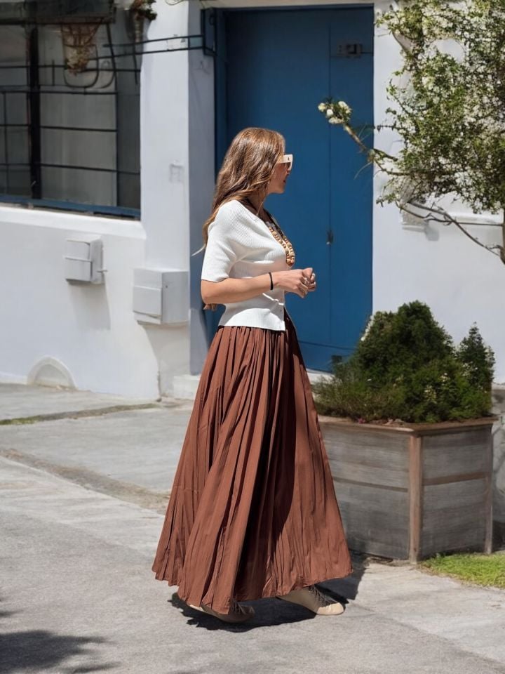 Pileli Maxi Boy Koyu Bronz Etek