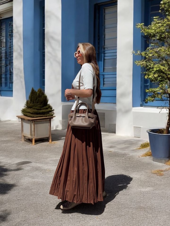 Pileli Maxi Boy Koyu Bronz Etek