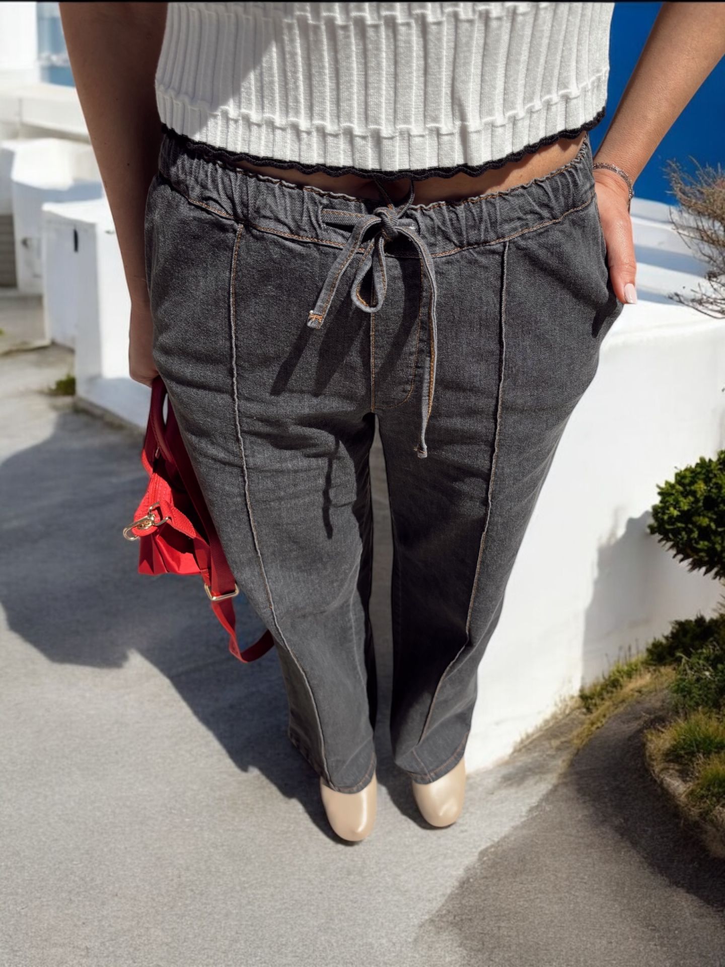 Beli Lastikli Premium Denim Pantolon Siyah