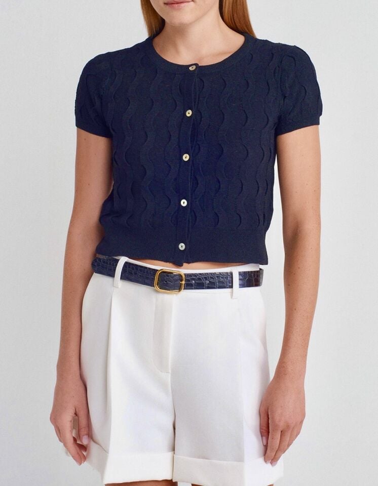 Premium Dokulu Düğmeli Triko Hırka Koyu Lacivert