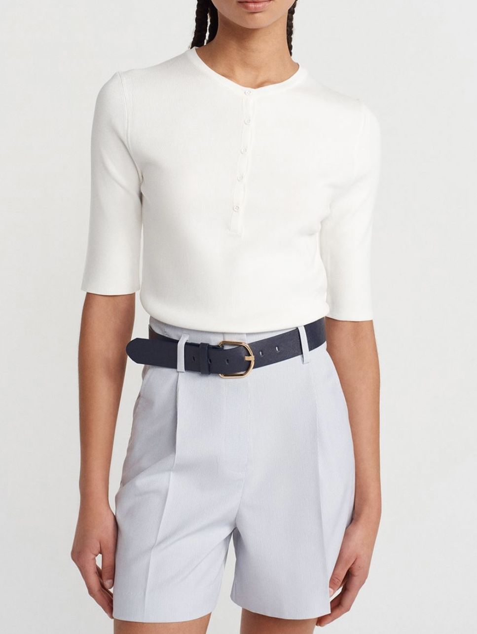 Düğmeli Kısa Kol Triko Bluz Ekru