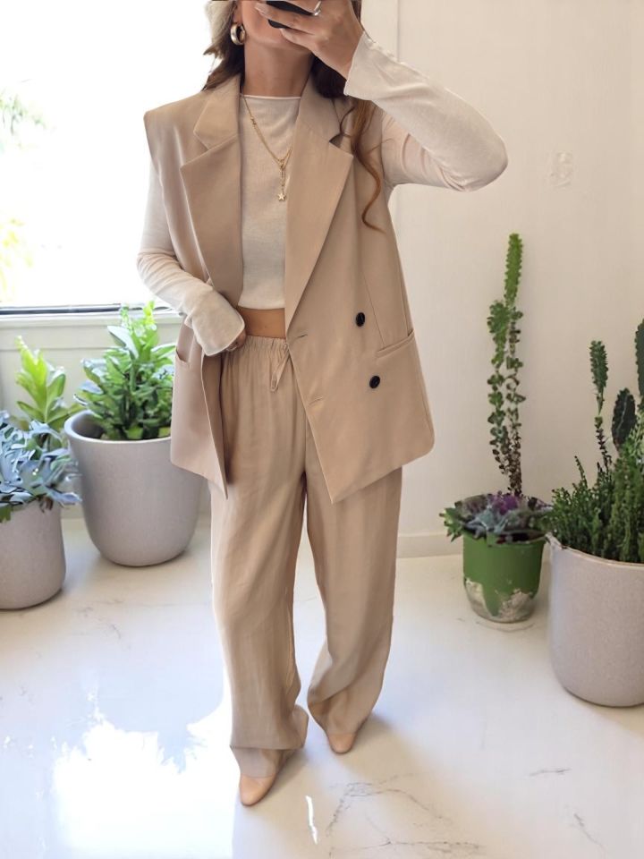 Premium Yelek Pantolon Takım Taş Bej