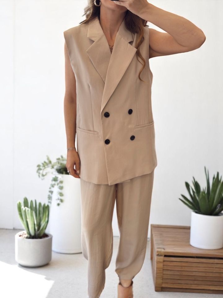 Premium Yelek Pantolon Takım Taş Bej