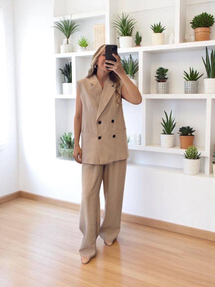 Premium Yelek Pantolon Takım Taş Bej