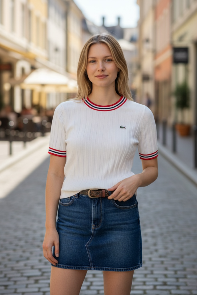 Logolu Biyeli Kısa Kol Triko Beyaz