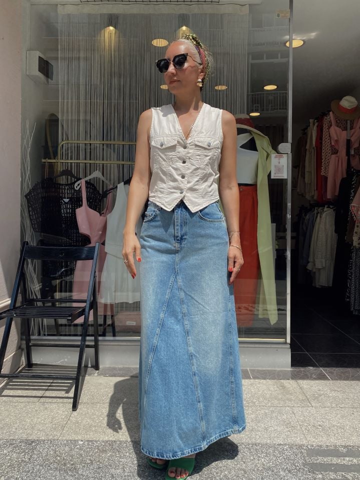 Parçalı Maxi Denim Etek