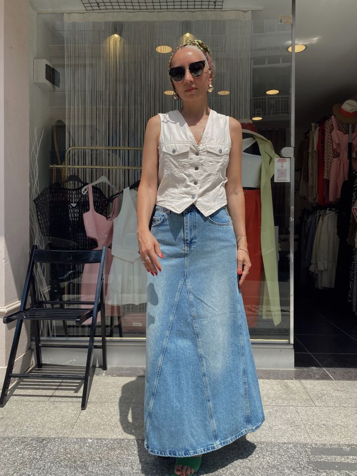 Parçalı Maxi Denim Etek