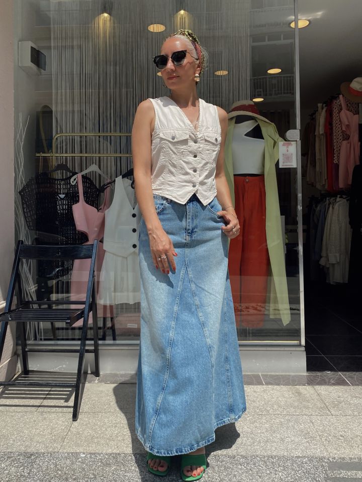 Parçalı Maxi Denim Etek