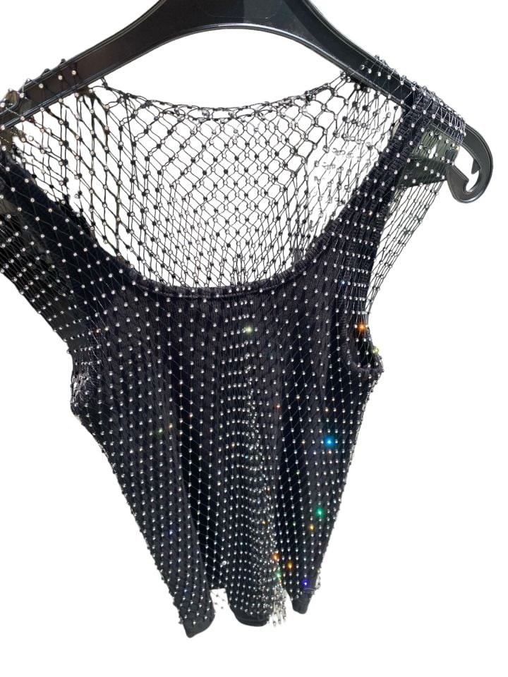 Tasarım Taşlı Kolsuz File Bluz