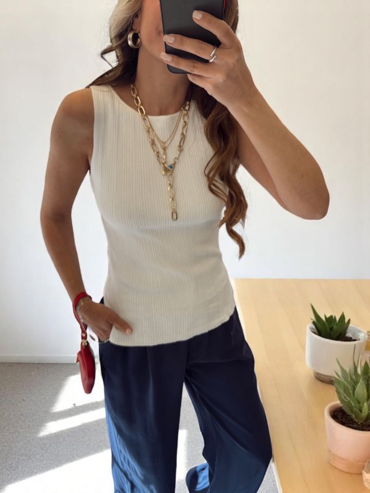 Premium Kolsuz Triko Bluz Ekru