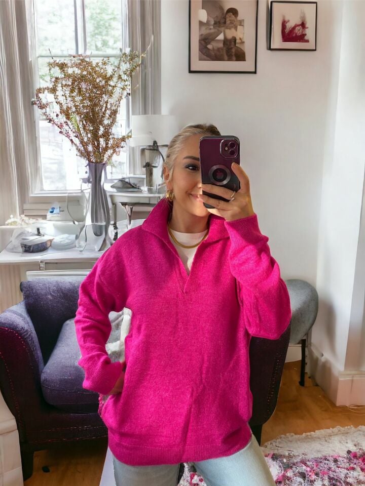 Polo V Yaka Cepli Pembe Kazak