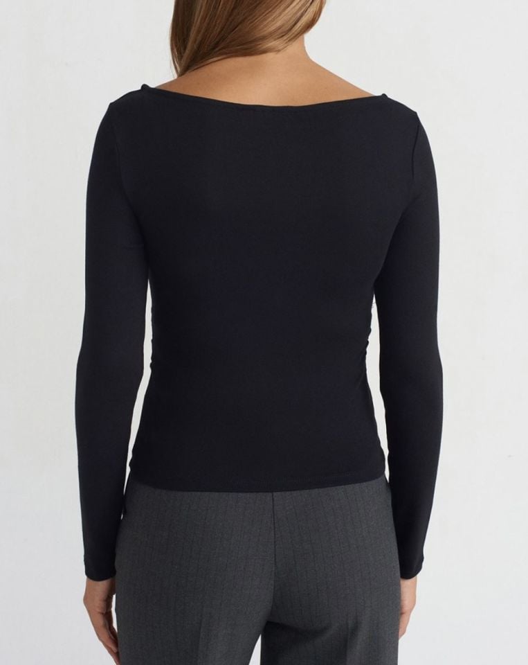 Kayık Yaka Beli Büzgülü Bluz Siyah