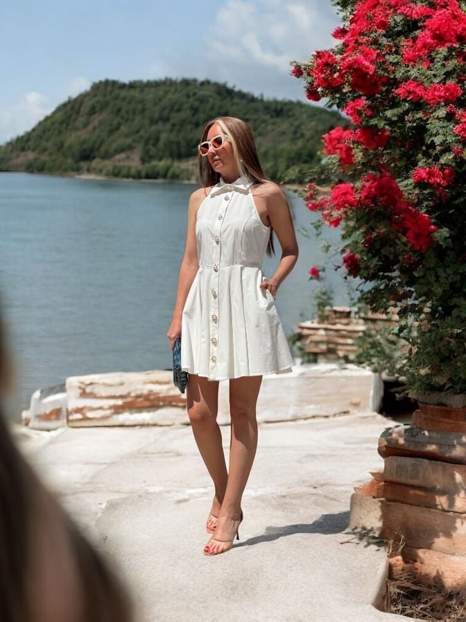 Premium Tasarım İnci Düğmeli Ekru Elbise