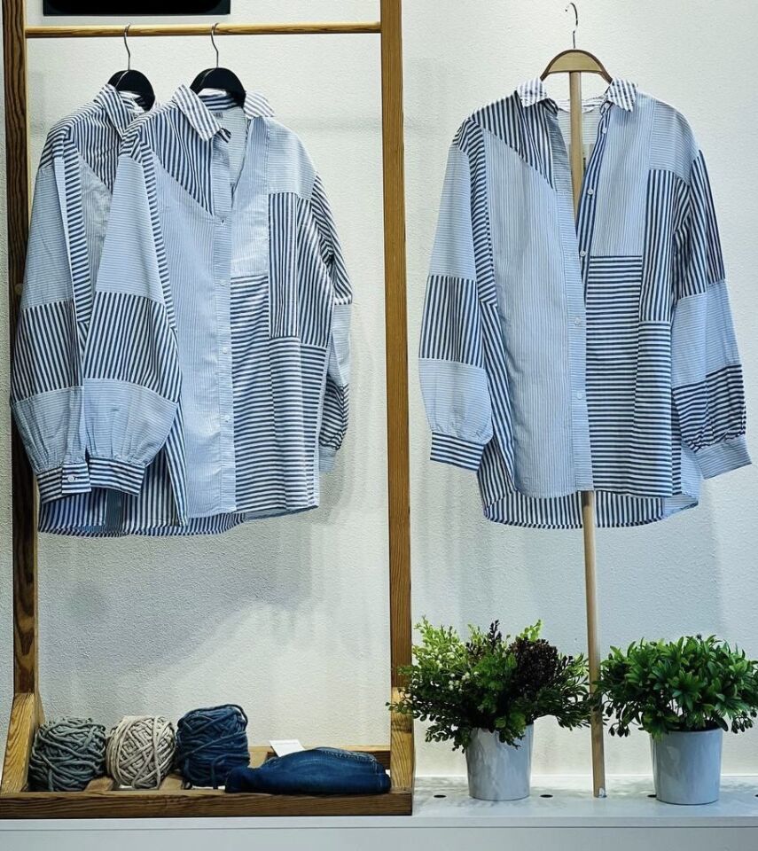 Premium Çizgili Oversize Gömlek Mavi