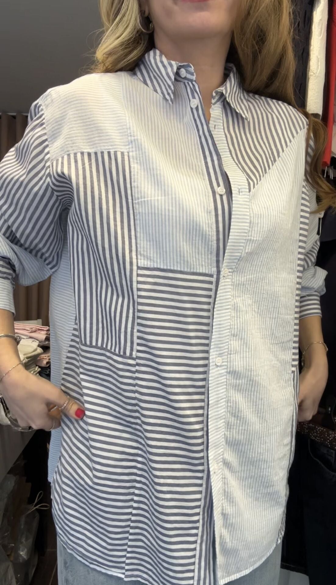 Premium Çizgili Oversize Gömlek Mavi