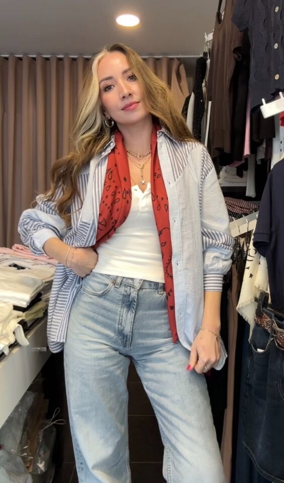 Premium Çizgili Oversize Gömlek Mavi