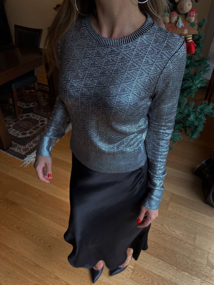 Metalik Gümüş Ajurlu Triko