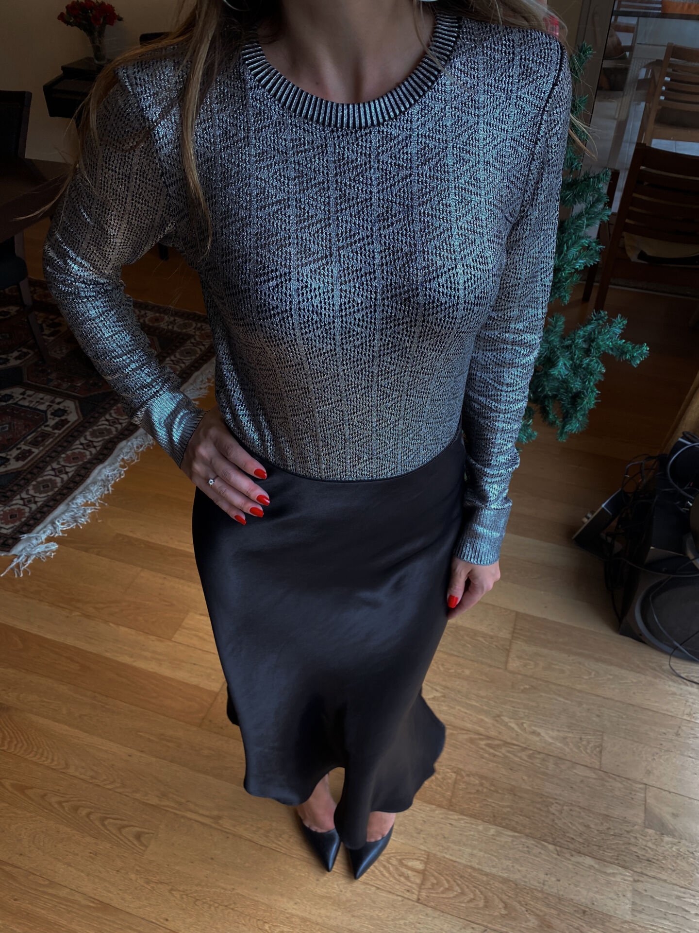 Metalik Gümüş Ajurlu Triko