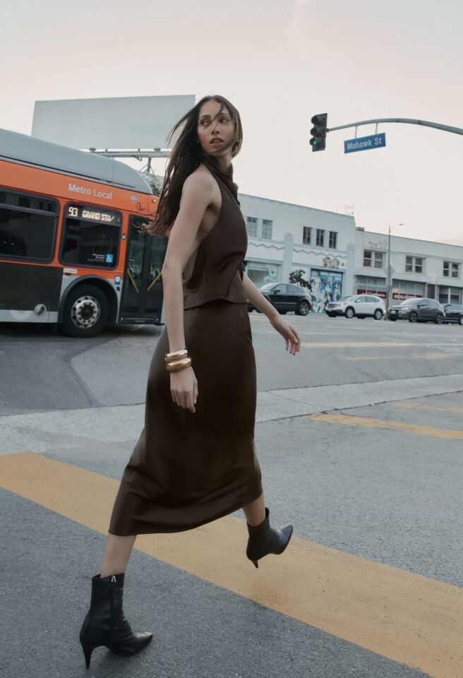 Premium Midi Saten Etek Kahve