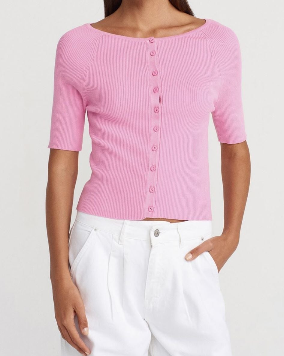 Düğmeli Kısa Kol Triko Bluz Hırka Pembe