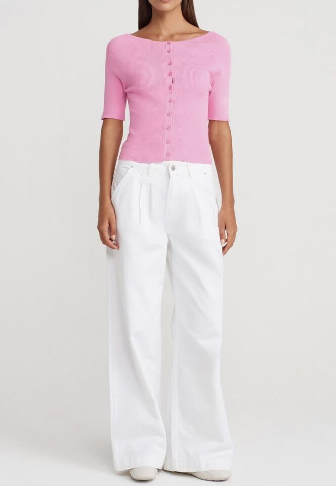 Düğmeli Kısa Kol Triko Bluz Hırka Pembe