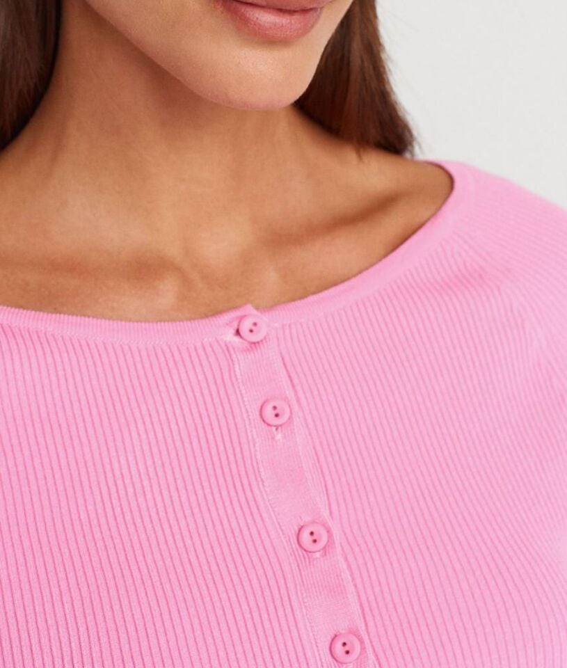 Düğmeli Kısa Kol Triko Bluz Hırka Pembe