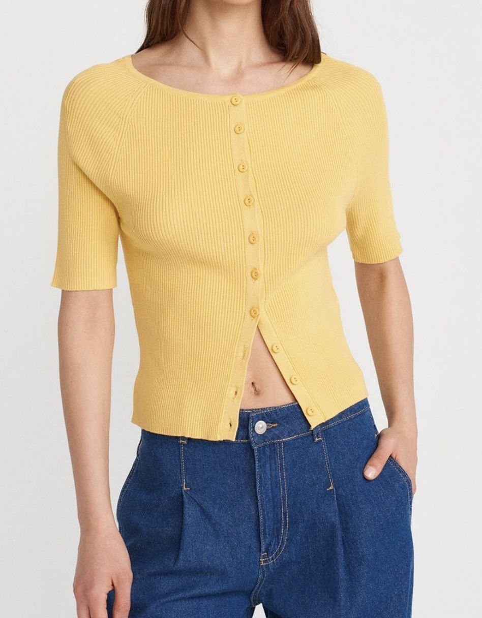Düğmeli Kısa Kol Triko Bluz Hırka Sarı