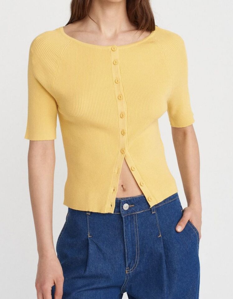 Düğmeli Kısa Kol Triko Bluz Hırka Sarı