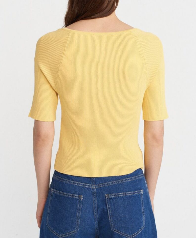 Düğmeli Kısa Kol Triko Bluz Hırka Sarı