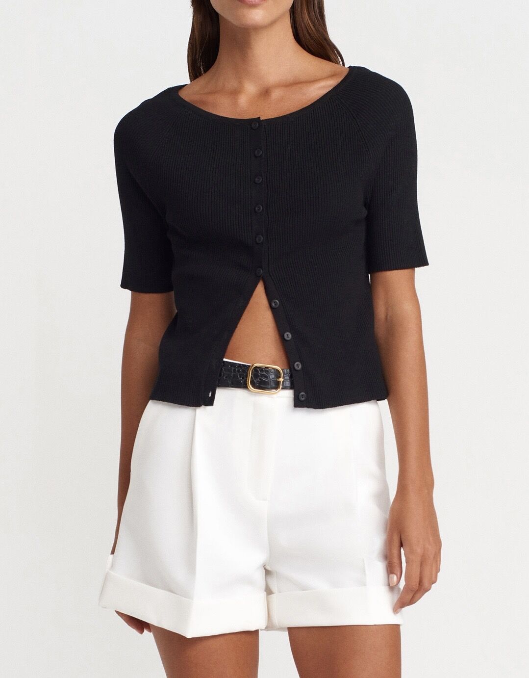 Düğmeli Kısa Kol Triko Bluz Hırka Siyah