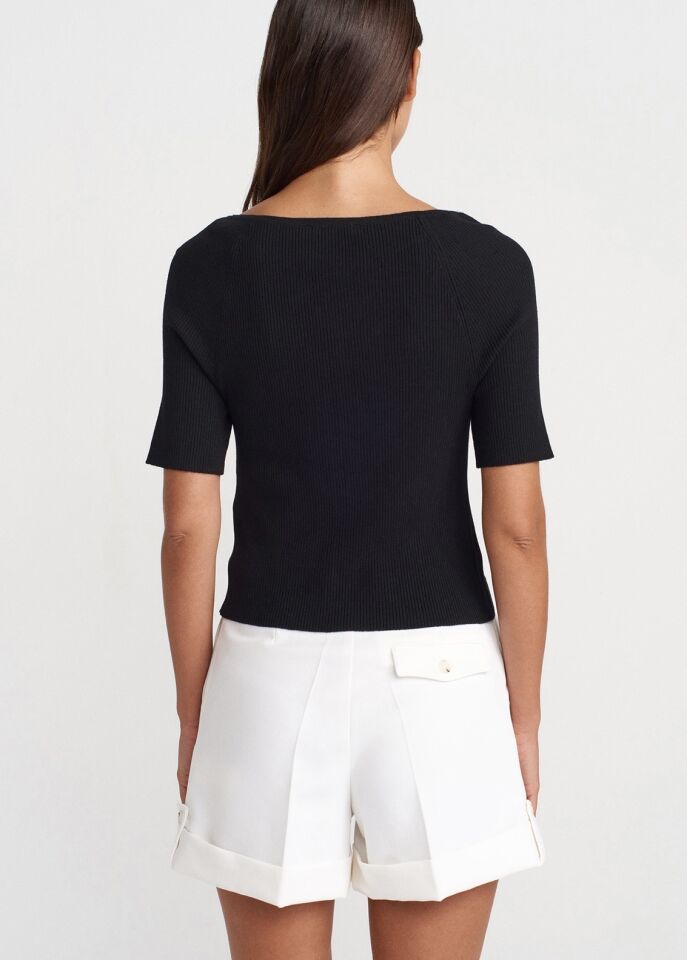 Düğmeli Kısa Kol Triko Bluz Hırka Siyah