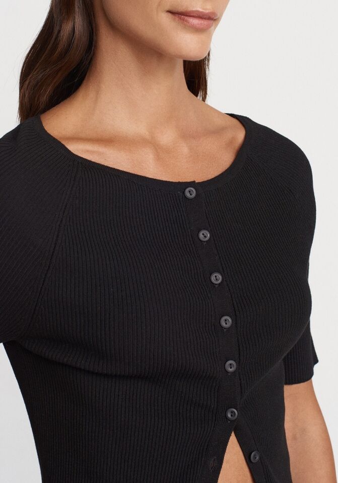 Düğmeli Kısa Kol Triko Bluz Hırka Siyah