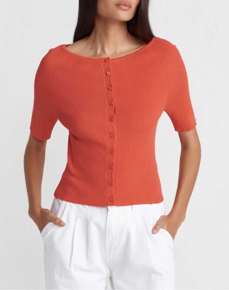 Düğmeli Kısa Kol Triko Bluz Hırka Açık Kırmızı
