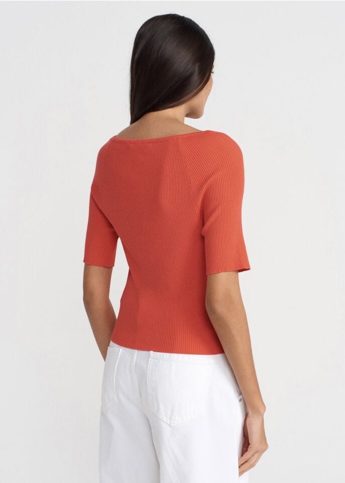 Düğmeli Kısa Kol Triko Bluz Hırka Açık Kırmızı