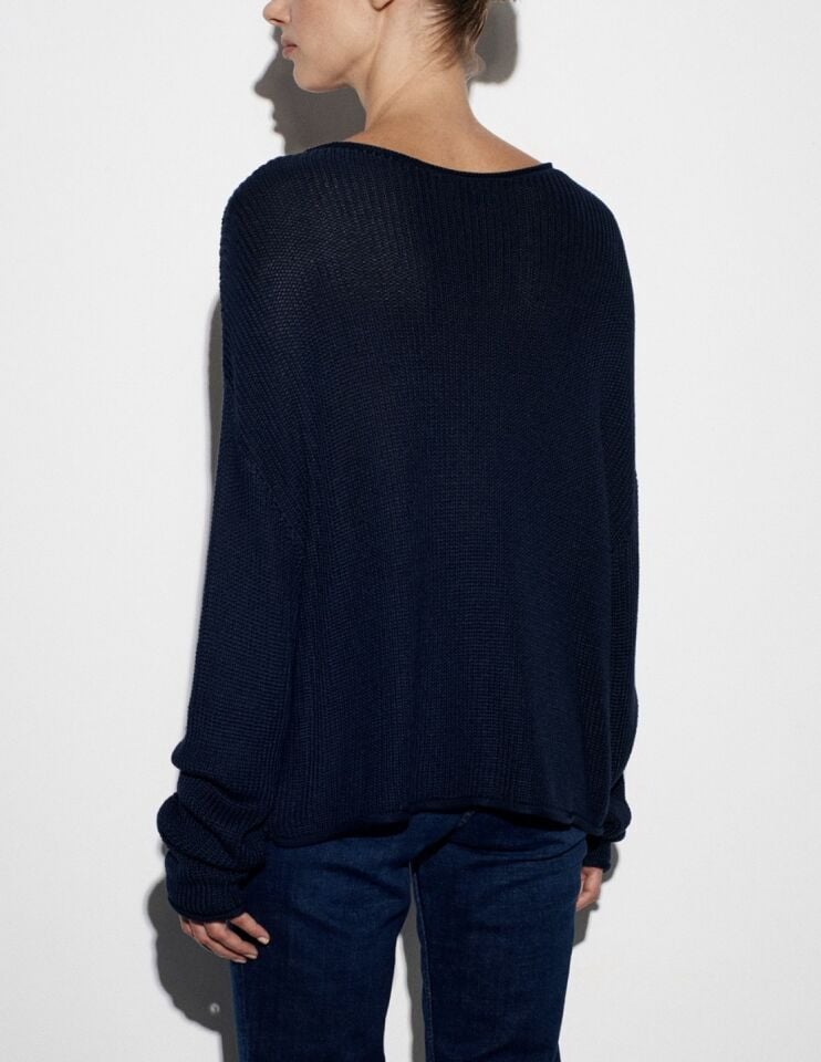 Kayık Yaka Dökümlü Kazak Lacivert