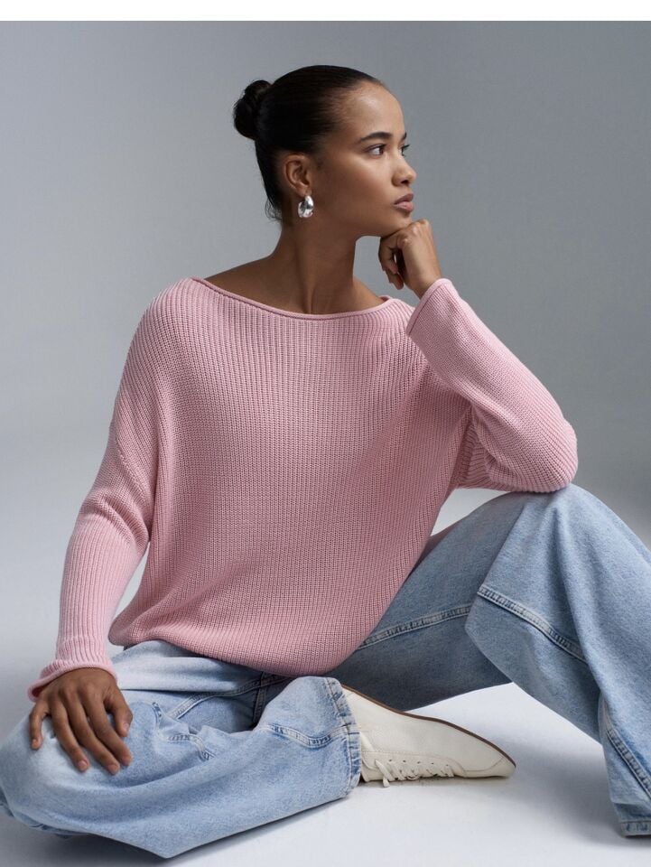 Kayık Yaka Dökümlü Kazak Pembe