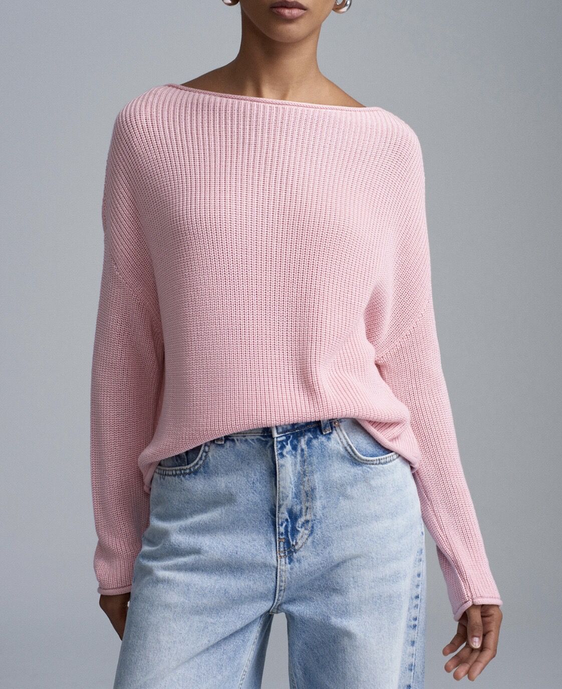 Kayık Yaka Dökümlü Kazak Pembe