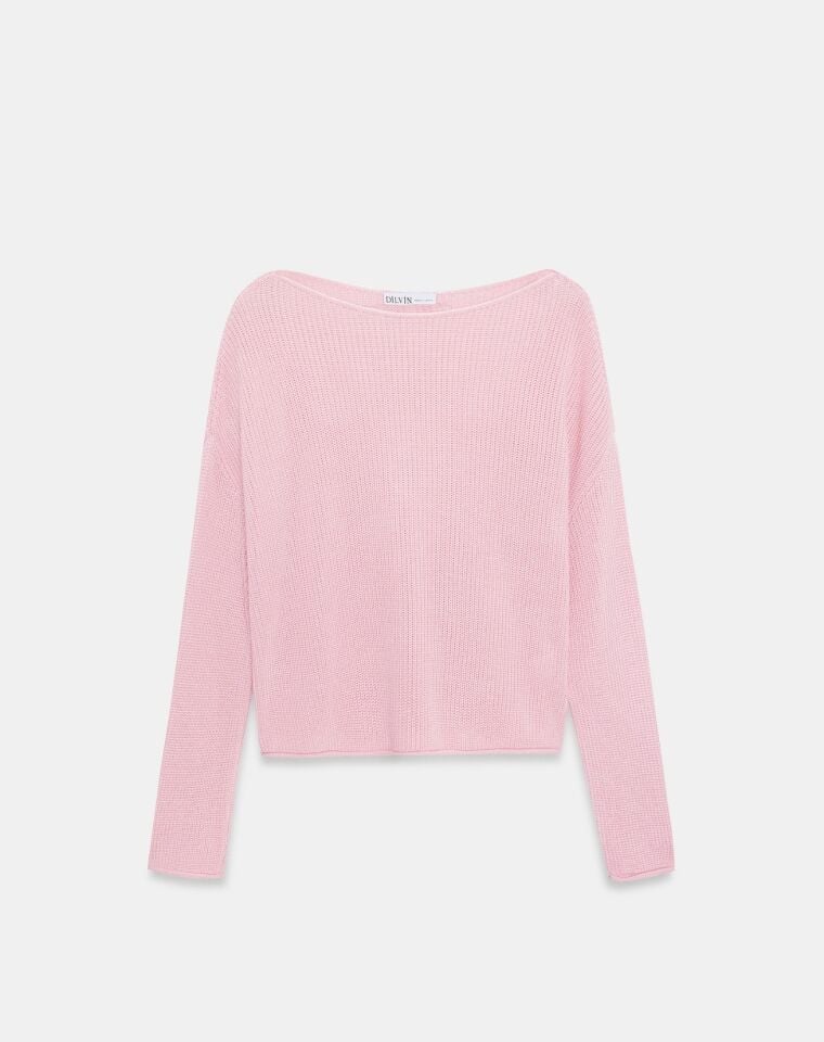 Kayık Yaka Dökümlü Kazak Pembe