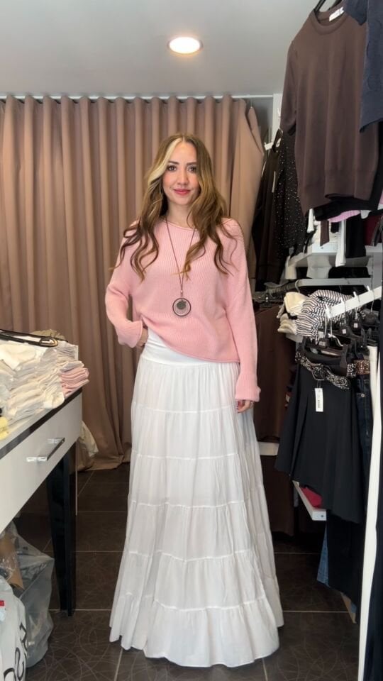 İthal Düz Desen Biyeli Pamuk Etek Beyaz