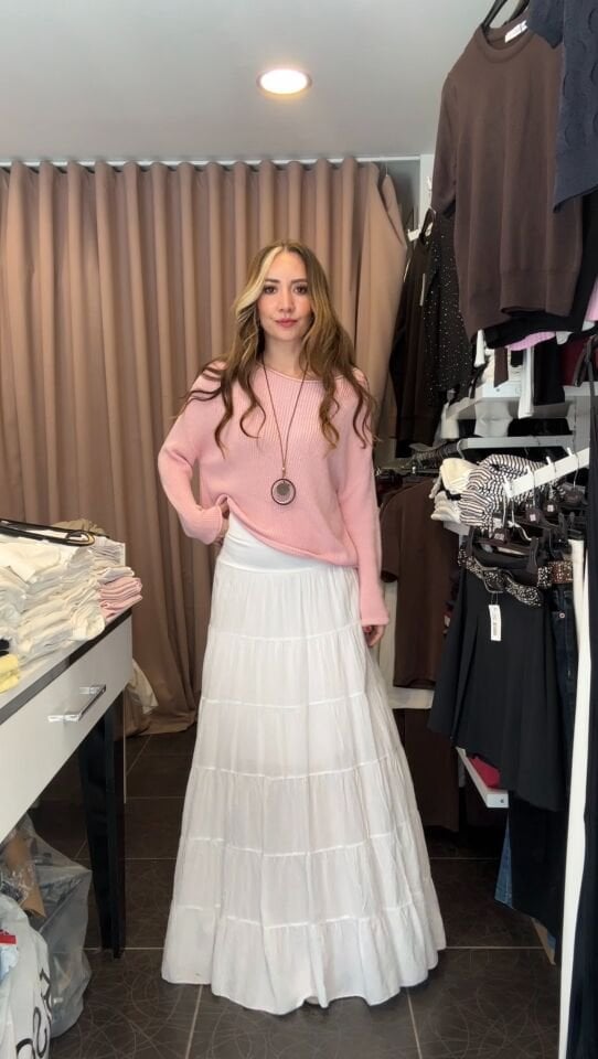 İthal Düz Desen Biyeli Pamuk Etek Beyaz