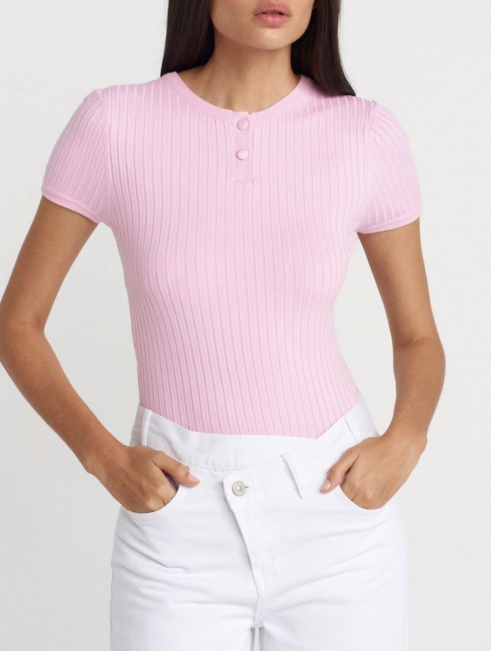 Bisiklet Yaka 2 Düğmeli Triko Bluz Pembe